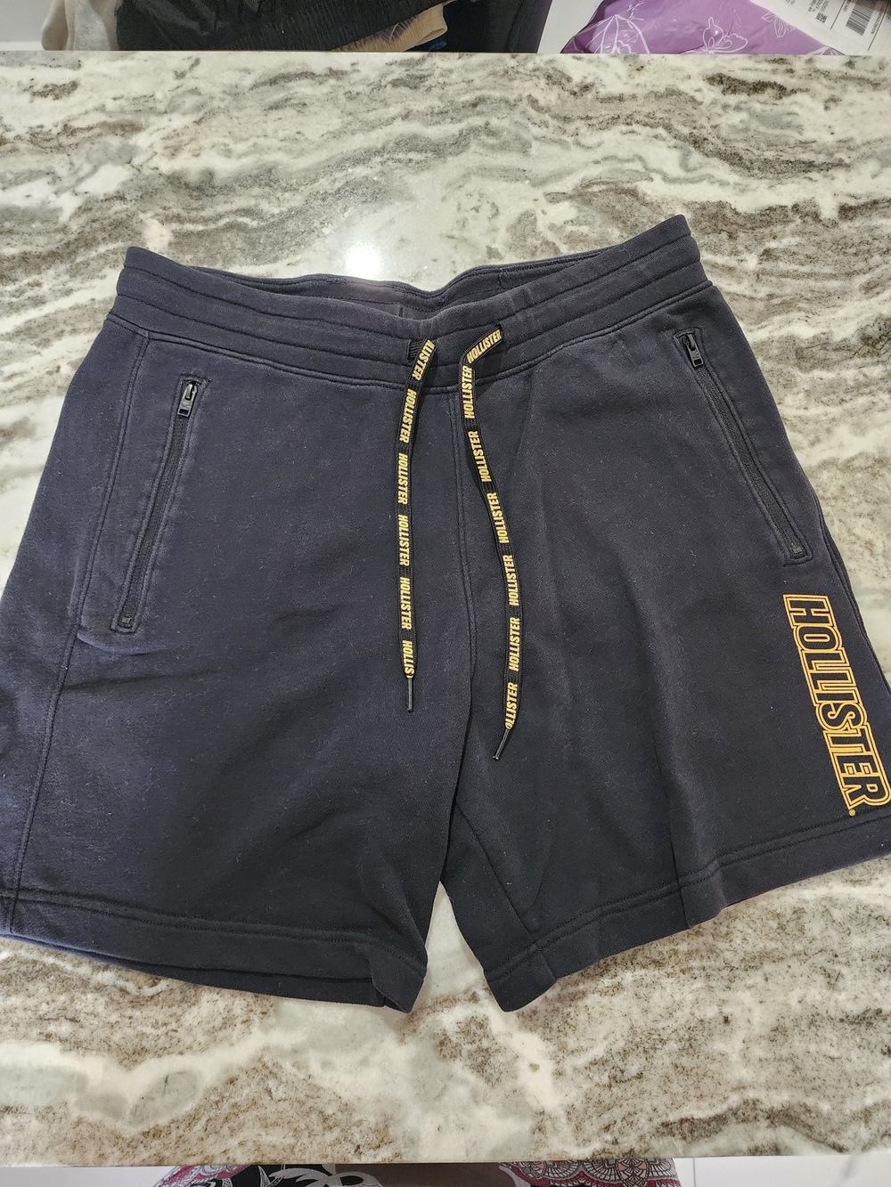Hollister Navy Athletic Logo Drawstring Shorts with Gold Accents